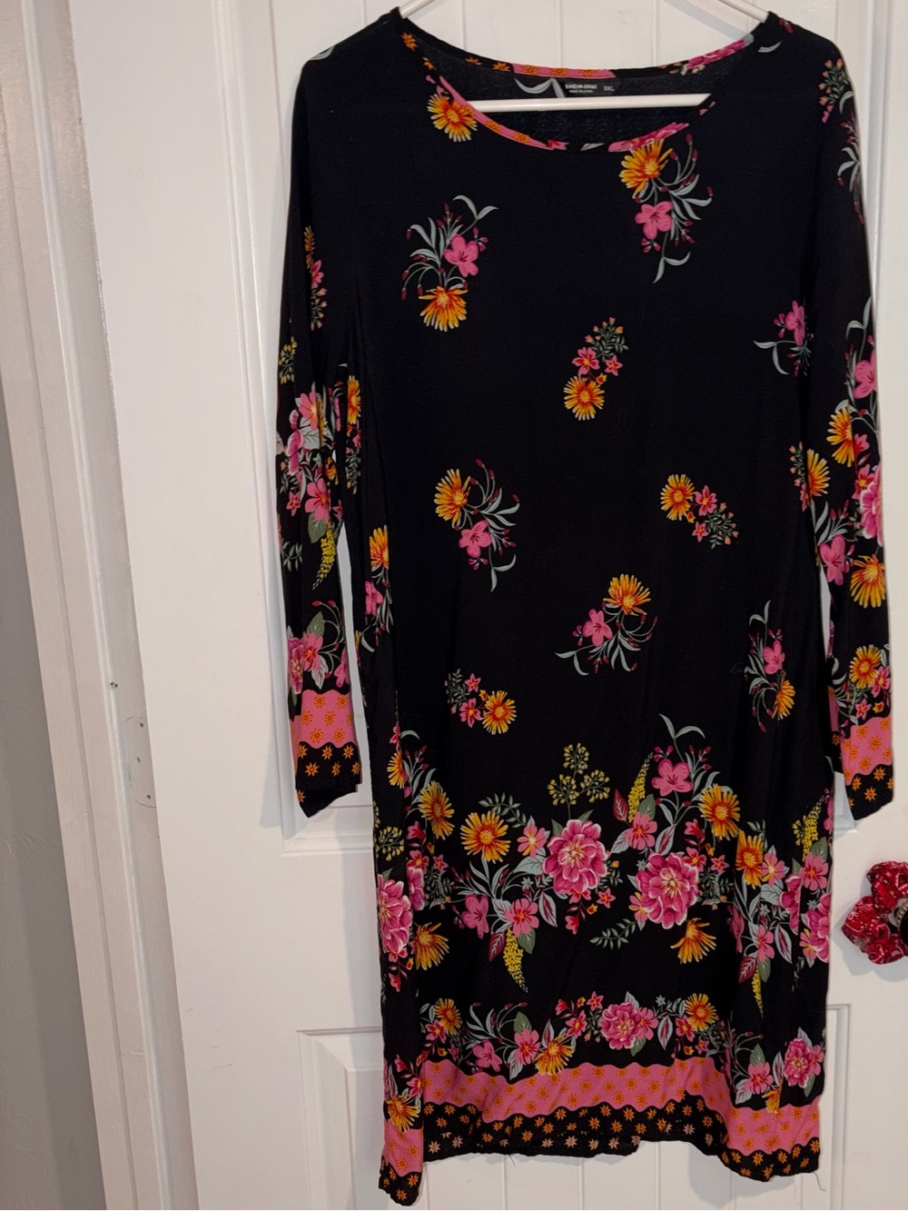SHEIN Black Long-Sleeve Floral Border Dress with Pink & Yellow Blooms